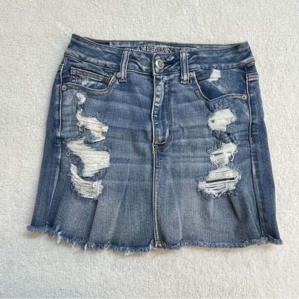 American Eagle Outfitters Distressed Blue Denim Skirt Holes NE(X)T LEVEL STRETCH